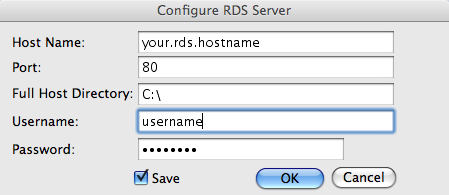 Your typical Dreamweaver RDS Setup Window